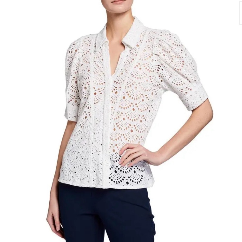 Tanya Taylor Angel Puff Sleeves Embroidered Eyelet Lace White Blouse Size 4